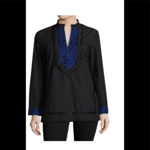 Tory Burch. Tory Tunic. Size 14. Black with navy details and black beads